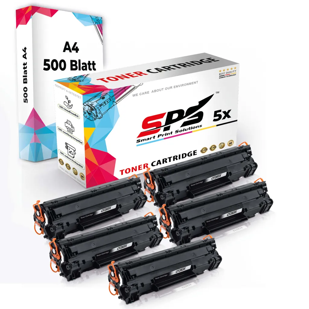 Druckerpapier A4 + 5x Multipack Set Kompatibel für HP LaserJet Pro MFP M 201 dw (CF283X) Toner Schwarz